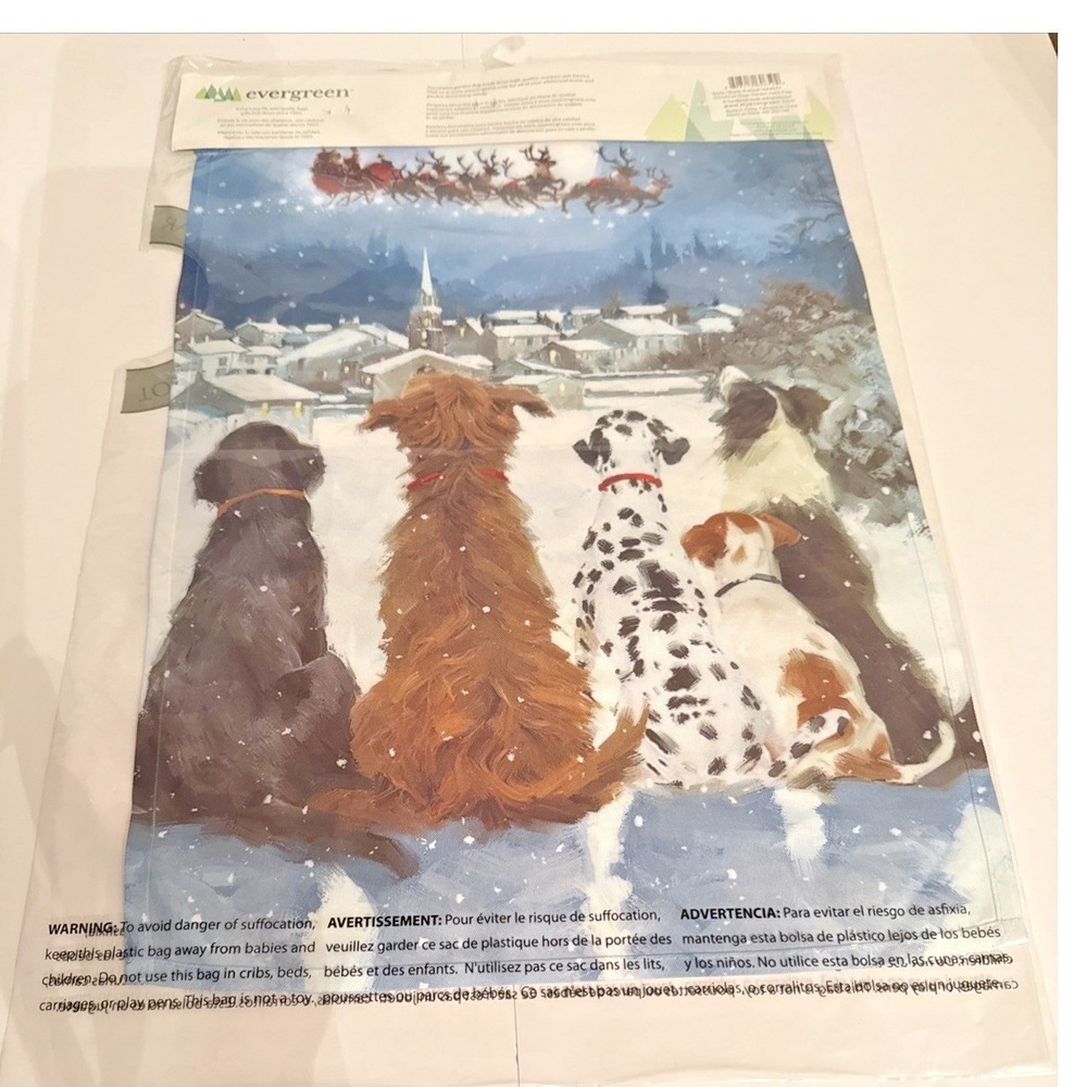 Evergreen Christmas Dogs Santa Sleigh Decorative Garden Flag Double Sided New